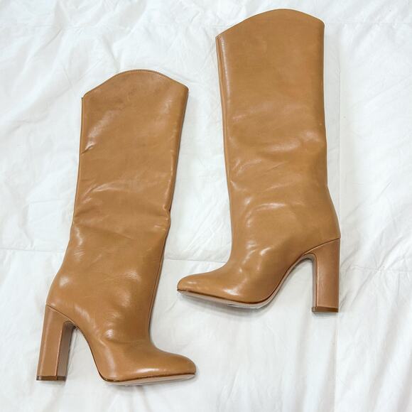 NIB Schutz Gabrielle Tan Leather Knee High Boots Block Heel Round Toe Size 5 - Picture 2 of 7